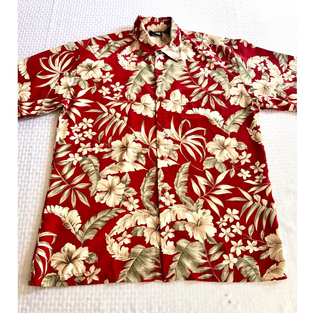 Premier International Mens Red Hibiscus‎ Hawaiian Aloha Shirt Lg Floral Vintage
